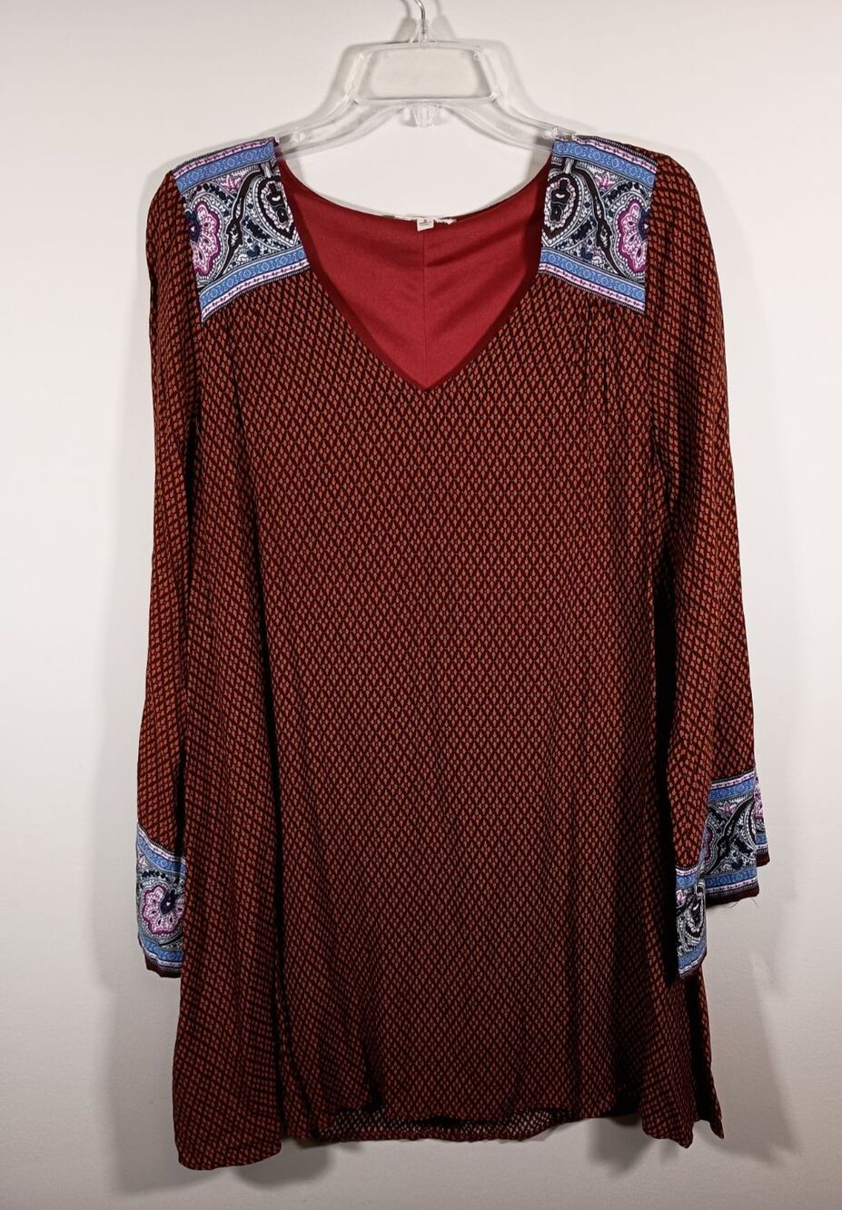 Entro Boho Long Flared Sleeves Rayon Retro 60s Brown Print Dress Size Small